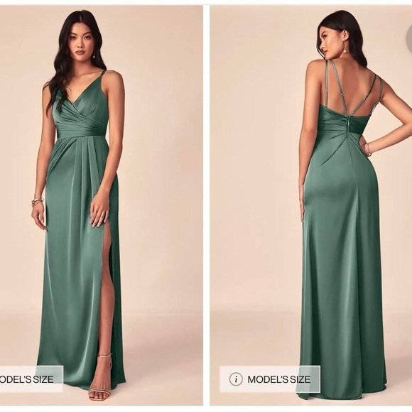 Azazie Dresses & Skirts - NWT Eucalyptus Green A-Line V-Neck Pleated Stretch Satin Dress with Slit